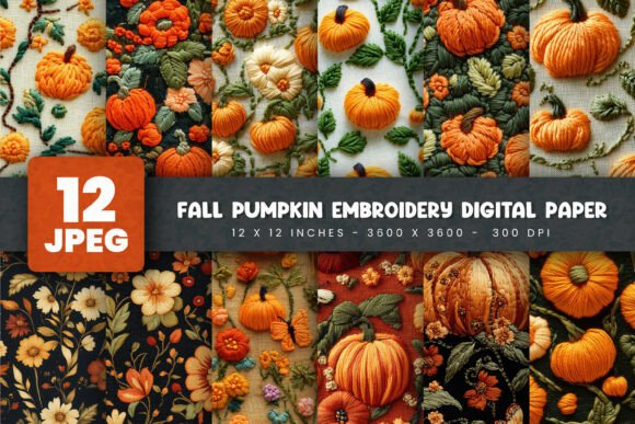 12 Fall Pumpkin Embroidery Digital Paper